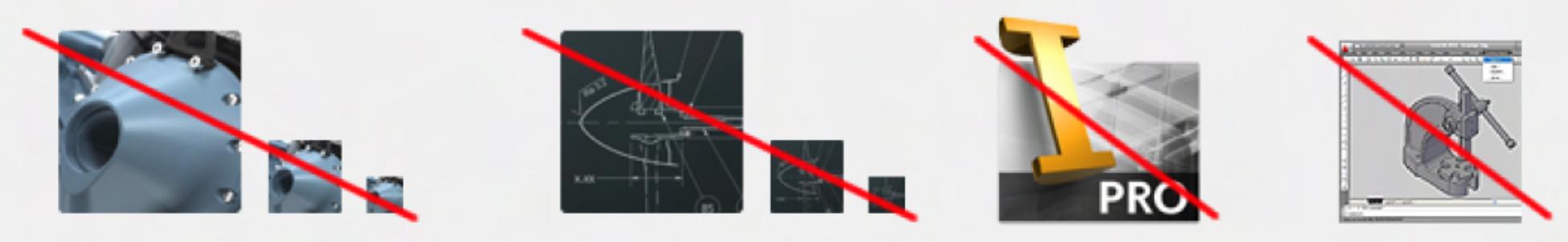 Неудачные иконки приложений. Первые два образца плохо масштабируются и становятся неузнаваемыми в уменьшенном варианте. Вторые две иконки незаконно используют символику Autodesk, из-за чего публикация приложения точно будет отклонена.